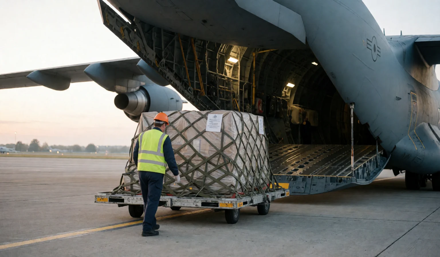 Civilian airfield cargo handler guiding a freight pallet toward the ramp of a military transport aircraft